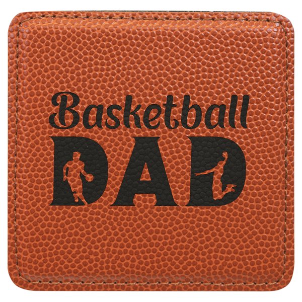 4" x 4" Square Basketball Engraved Faux Leather Coaster - Orange