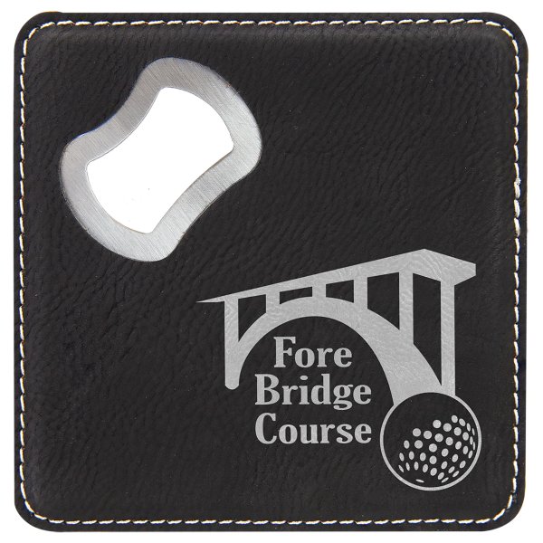 4" x 4" Square Black/Silver Engraved Faux Leather Coaster with Bottle Opener - Black