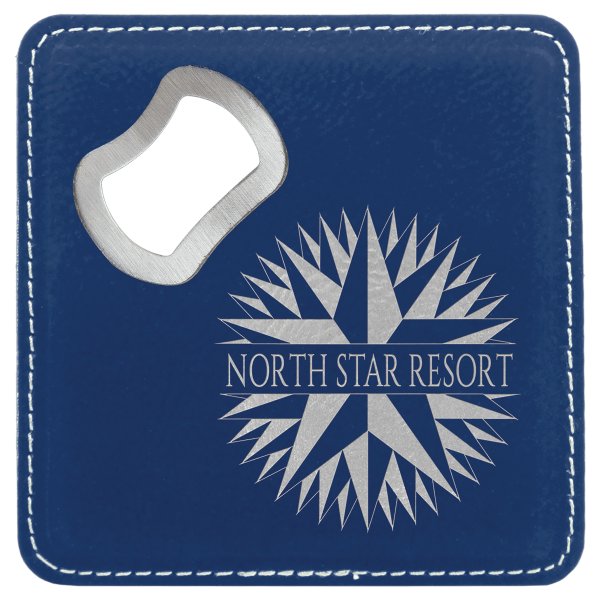 4" x 4" Square Blue/Silver Engraved Faux Leather Coaster with Bottle Opener - Blue