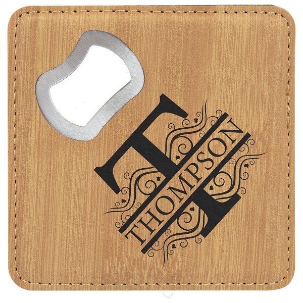 4" x 4" Square Bamboo Engraved Faux Leather Coaster with Bottle Opener - Bamboo