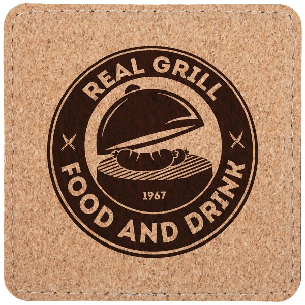 4" x 4" Square Cork Coaster with Stitching - Light Brown