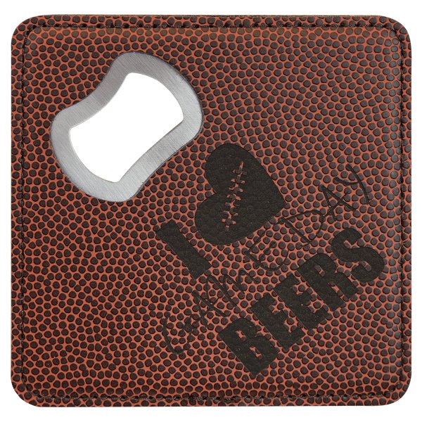 4" x 4" Square Football Engraved Faux Leather Bottle Opener Coaster - Brown