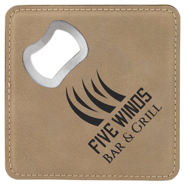 4" x 4" Square Light Brown Engraved Faux Leather Bottle Opener Coaster - Light Brown