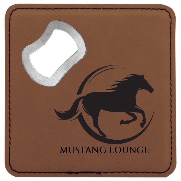 4" x 4" Square Dark Brown Engraved Faux Leather Bottle Opener Coaster - Dark Brown