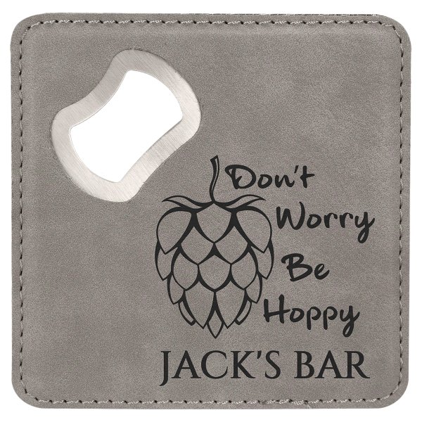 4" x 4" Square Gray Engraved Faux Leather Bottle Opener Coaster - Gray