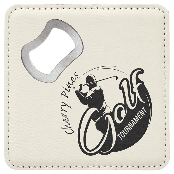 4" x 4" Square White Engraved Faux Leather Bottle Opener Coaster - White