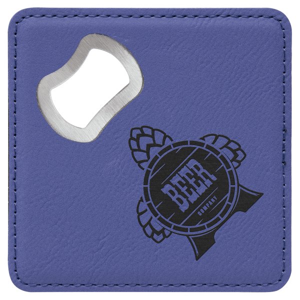 4" x 4" Square Purple Engraved Faux Leather Bottle Opener Coaster - Purple