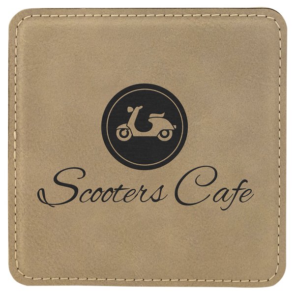 4" x 4" Square Light Brown Engraved Faux Leather Coaster - Light Brown