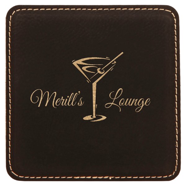 4" x 4" Square Black/Gold Engraved Faux Leather Coaster - Black