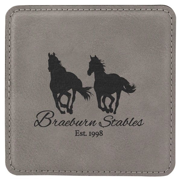 4" x 4" Square Gray Engraved Faux Leather Coaster - Gray