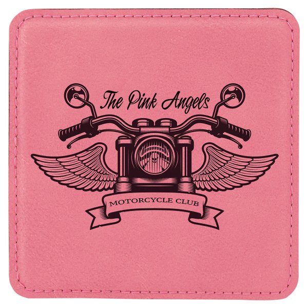 4" x 4" Square Pink Engraved Faux Leather Coaster - Pink
