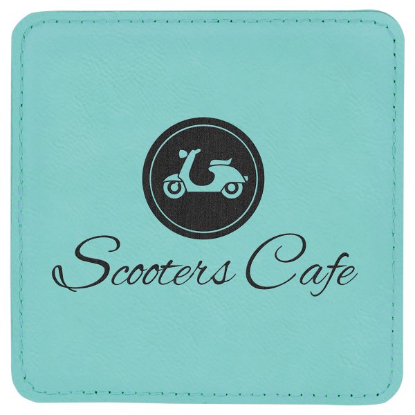 4" x 4" Square Teal Engraved Faux Leather Coaster - Teal