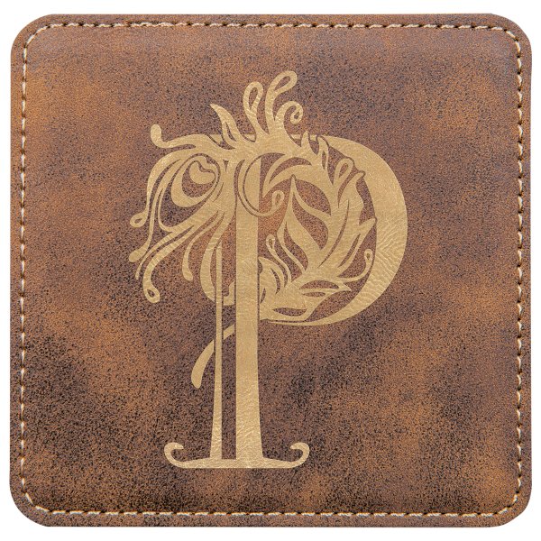4" x 4" Square Rustic/Gold Engraved Faux Leather Coaster - Rustic