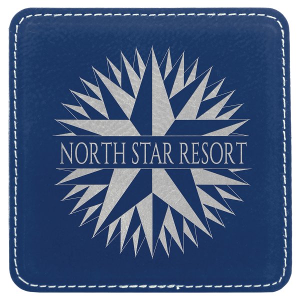 4" x 4" Square Blue/Silver Engraved Faux Leather Coaster - Blue/Silver