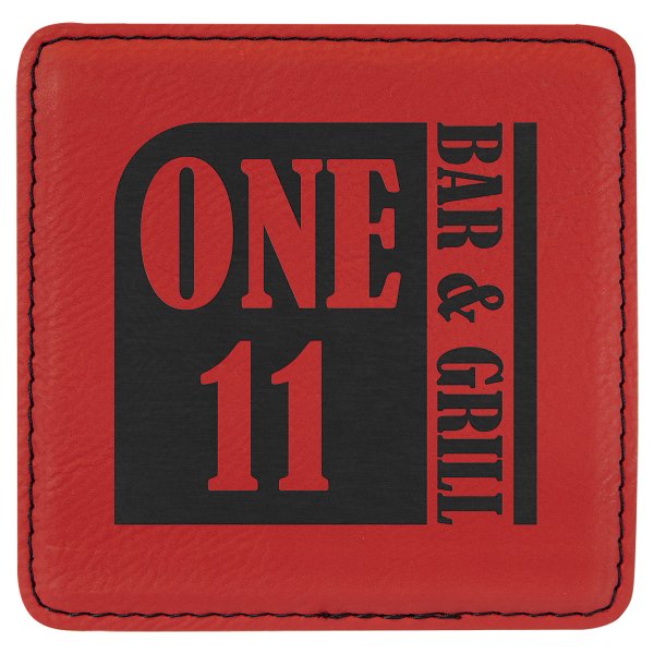 4" x 4" Square Red Engraved Faux Leather Coaster - Red