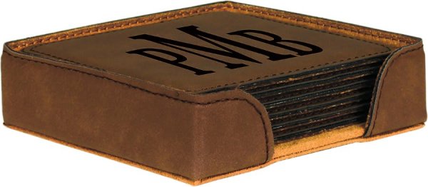 4" x 4" Dark Brown Square Engraved Faux Leather 6-Coaster Set - Dark Brown