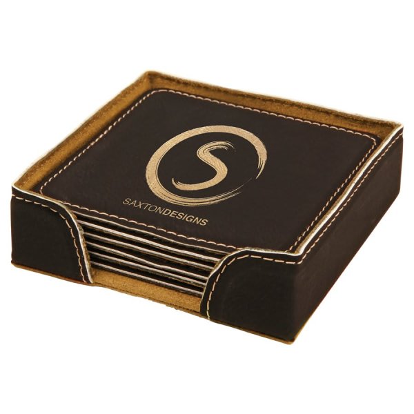 4" x 4" Black/Gold Square Engraved Faux Leather 6-Coaster Set - Black