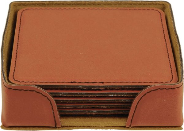 4" x 4" Rawhide Square Engraved Faux Leather 6-Coaster Set - Rawhide