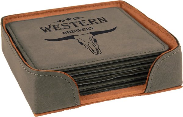 4" x 4" Gray Square Engraved Faux Leather 6-Coaster Set - Gray
