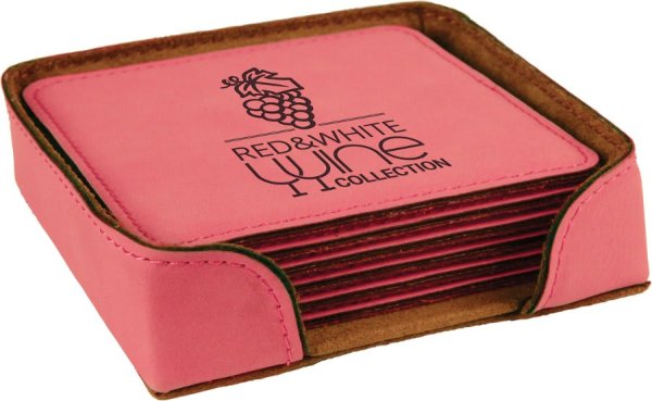 4" x 4" Pink Square Engraved Faux Leather 6-Coaster Set - Pink