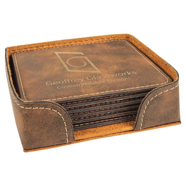 4" x 4" Rustic/Gold Square Engraved Faux Leather 6-Coaster Set - Rustic