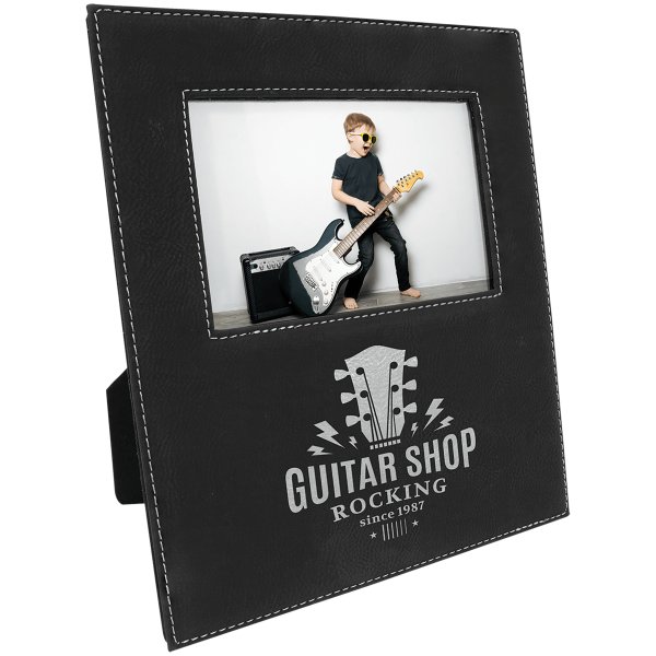4" x 6" Black/Silver Leatherette Photo Frame with 4 1/4" x 7 7/8" Personalization Area - Black