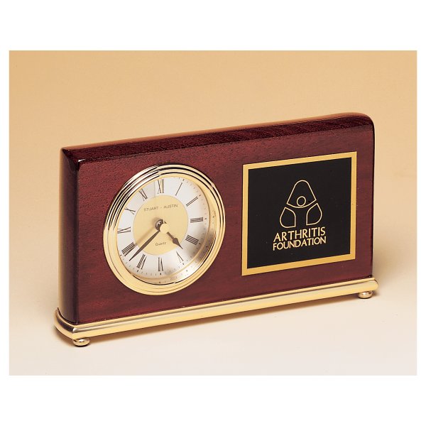 4" x 7 5/8" Rosewood Piano Finish Clock, Brass Base, Diamond Spun Dial, 3 Hand Movement with Black Custom Engraved Plate - Rosewood/Gold/Black