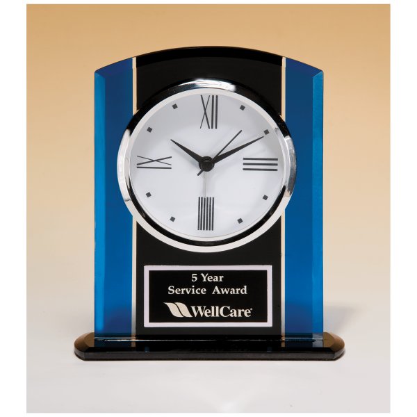 5 1/4" x 6 1/4" Black & Blue Glass Clock, Silver Bezel, Three Hand Movement with Black Plate - Black/Blue/Silver