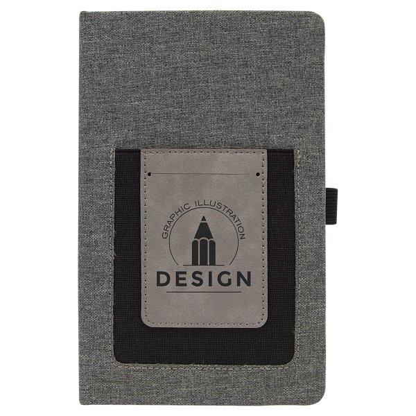 5 1/4" x 8 1/4" Gray w/Gray Engraved Faux Leather Journal with Cell/Card Slot - Gray