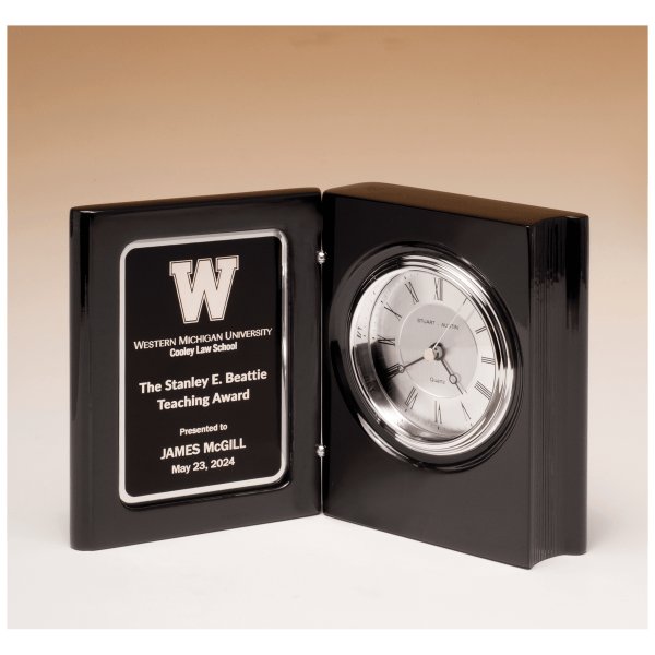 5 3/8" x 4 1/4" Black Piano Finish Book Clock with Diamond Spun Dial, 3 Hand Movement, Black Plate - Black/Silver