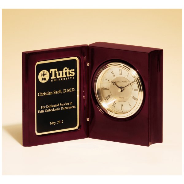 5 3/8" x 4 1/4" Rosewood Piano Finish Book Clock w/Diamond Spun Dial, 3 Hand Movement, Plate - Rosewood/Gold/Black