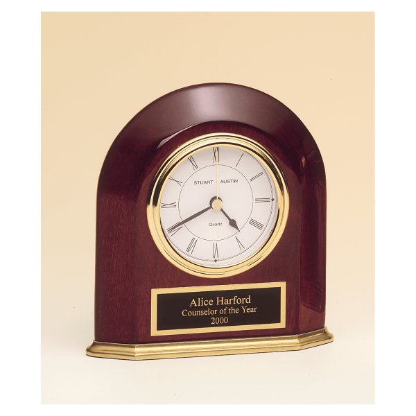 5 5/8" x 5 7/8" Rosewood Piano Finish Arched Table Clock with Solid Brass Base with Black Plate - Rosewood/Gold