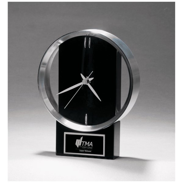 5 5/8" x 7 3/4" Modern Design Clock with Brushed Silver Bezel, Black High Gloss Base, Black Plate - Black/Silver