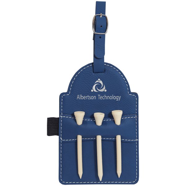 5" x 3 1/4" Blue/Silver Engraved Faux Leather Golf Bag Tag with 3 Wooden Tees - Blue