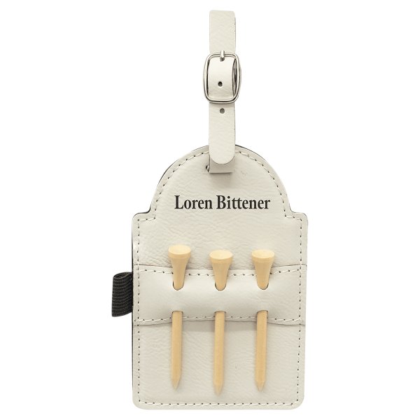 5" x 3 1/4" White Engraved Faux Leather Golf Bag Tag with 3 Wooden Tees - White