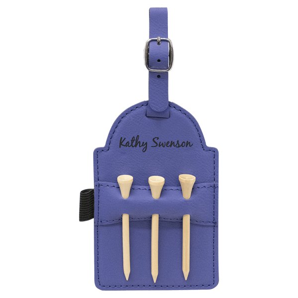 5" x 3 1/4" Purple Engraved Faux Leather Golf Bag Tag with 3 Wooden Tees - Purple