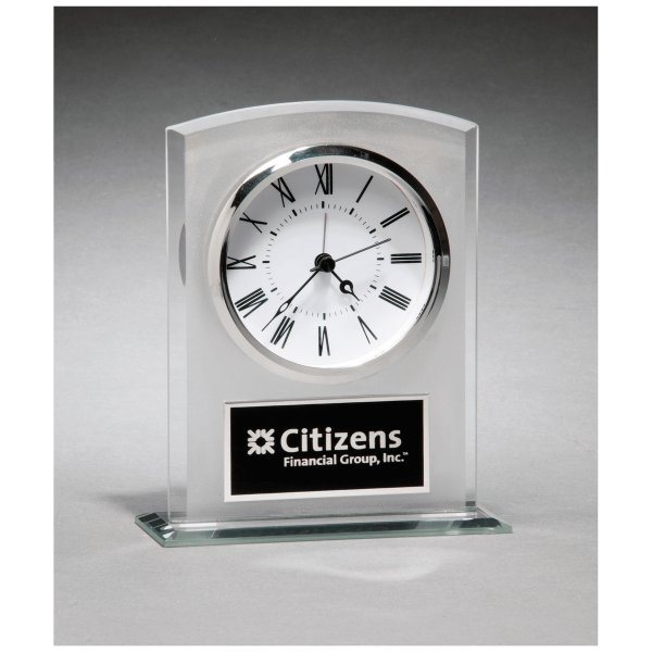 5" x 6 1/4" Glass Clock with Frosted Top, Polished Edge and Base with Black Plate - Clear/White/Silver
