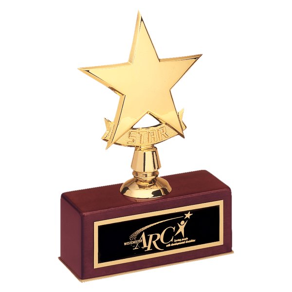 5" x 7 1/2" Polished Metal Goldtone Star Casting on Rosewood Piano Finish Base with Custom Engraved Black Brass Plate - Black/Gold/Rosewood