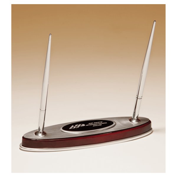 6 1/2" x 7 3/8" Rosewood Piano Finish Pen Set with Silver Aluminum Accents - Rosewood/Brown