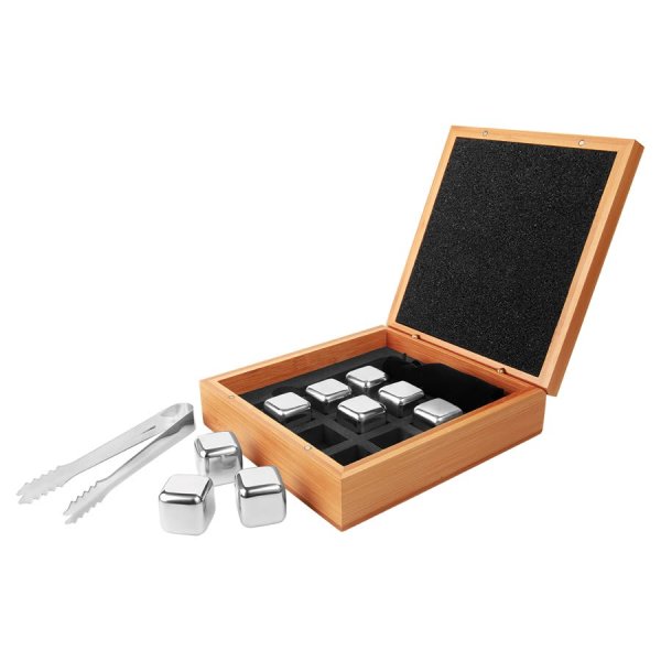 6 1/4" x 6 3/4" Stainless Steel Whiskey Stone Set in Bamboo Case - Brown/Silver