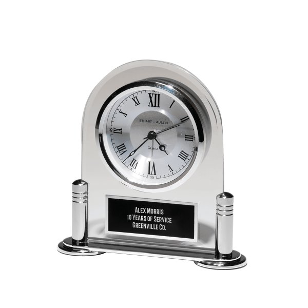 6 1/8" x 6" Desk Clock with Beveled Glass Upright, Silver Metal Base, 3 Hand Movement Black Plate - Clear/Silver/White