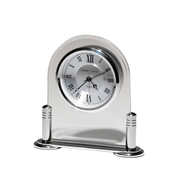 6 1/8" x 6" Desk Clock with Beveled Glass Upright, Silver Metal Base, 3 Hand Movement-No Black Plate - Clear/Silver/White