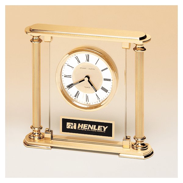 6 5/8" x 7 1/4" Glass Upright with Feet & Top, Metal Goldtone Columns, Diamond Spun Dial, 3 Hands with Black Plate - Clear/Gold/Black
