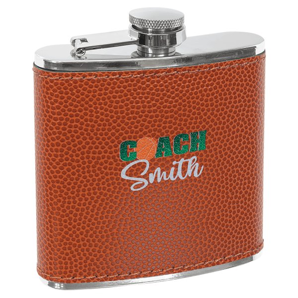 6 oz. Basketball Engraved Faux Leather Stainless Steel Flask - Orange