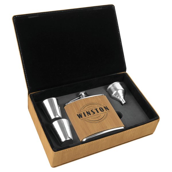 6 oz. Bamboo Engraved Faux Leather Flask Gift Set - Bamboo