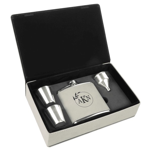 6 oz. White Engraved Faux Leather Flask Gift Set - White