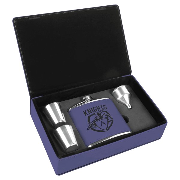 6 oz. Purple Engraved Faux Leather Flask Gift Set - Purple