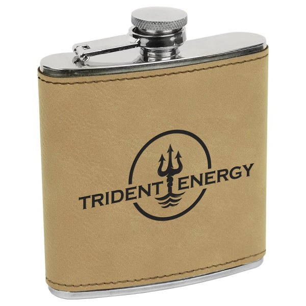 6 oz. Light Brown Engraved Faux Leather Stainless Steel Flask - Light Brown