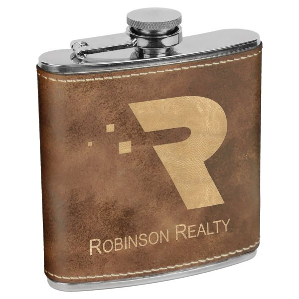 6 oz. Rustic/Gold Engraved Faux Leather Stainless Steel Flask - Rustic