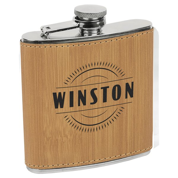 6 oz. Bamboo Engraved Faux Leather Stainless Steel Flask - Bamboo